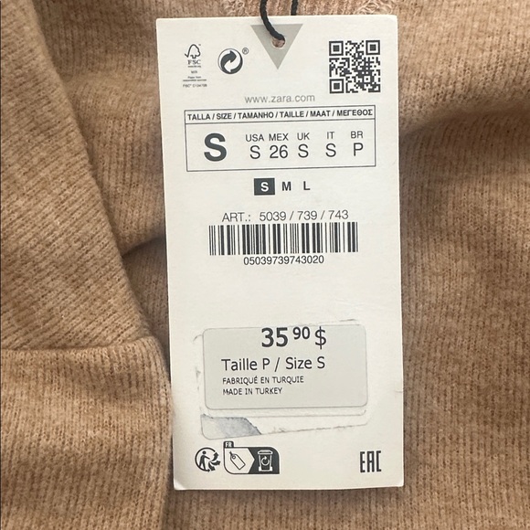 Zara Tan Crop Sweater Size Small BNWT - Picture 3 of 3